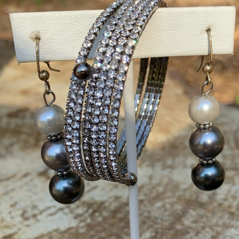 Handcrafted Pearl statement drop earrings and CZ wrap bracelet set prom formal